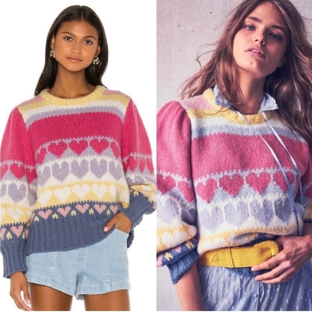 Loveshackfancy Shirelle Pullover Pink Heart Fair Isle Chunky Puff Sleeve L